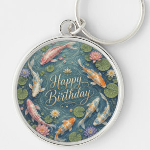 Llavero Feliz Cumpleaños Sereno Estanque de Koi Nenúfar
