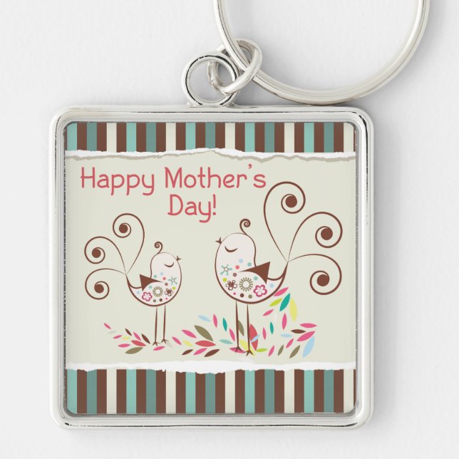 Llavero Feliz Día de la Madre, pájaros adorables en franja (Frente)