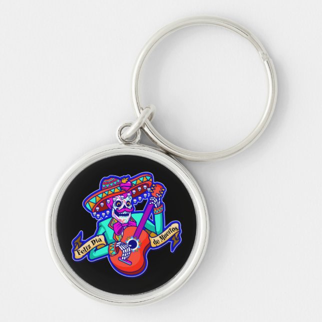 Llavero Feliz Día de Muertos con Skeleton tocando guitarra (Frente)
