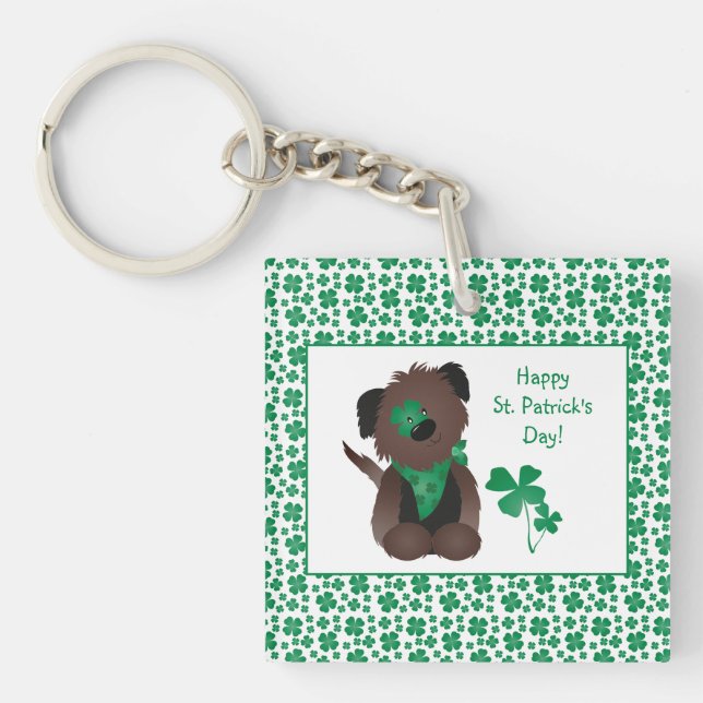 Llavero Feliz Día de San Patrón Perro Cuatro Hojas Verde (Frente)