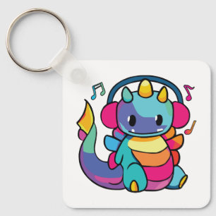 Llavero Feliz dragón con auriculares escuchando música.
