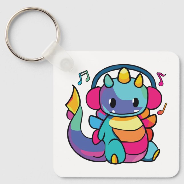 Llavero Feliz dragón con auriculares escuchando música. (Anverso)