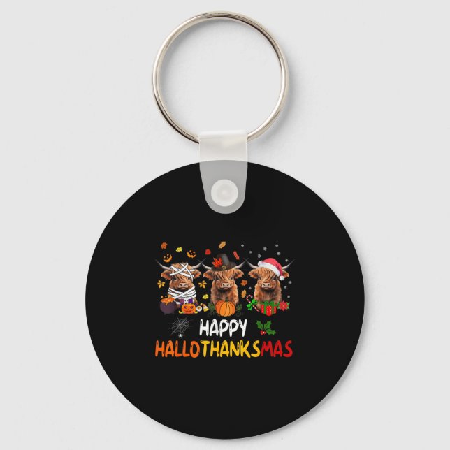 Llavero Feliz Hallothanksmas Highland Cow Halloween Gracia (Anverso)