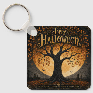 Llavero Feliz Halloween Árbol Espeluznante Luna Llena Góti