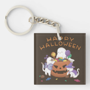 Llavero Feliz Halloween: gatos y fantasma