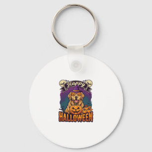 Llavero Feliz Halloween Retriever Dorado Sombrero de Bruja