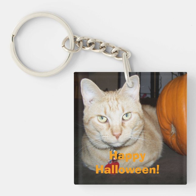 Llavero Feliz Naranja De Halloween Tabby Cat Con Calabaza (Frente)