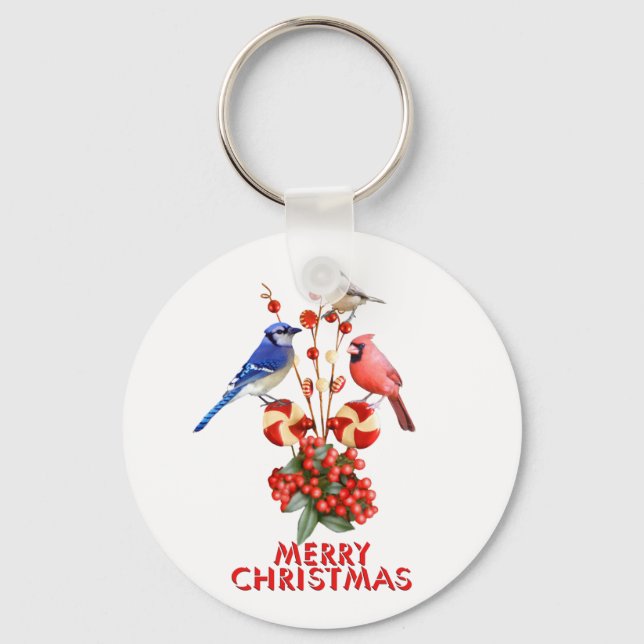 Llavero Feliz Navidad Cardenal Blue Jay Chickadee (Anverso)