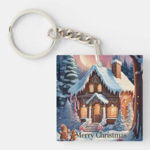 Llavero Feliz Navidad Casa de Pan de Jengibre Nieve Vintag