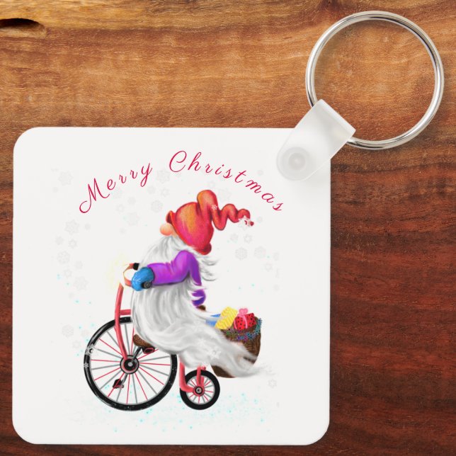 Llavero Feliz Navidad - Gnome divertido con bicicleta y re (Reverso )