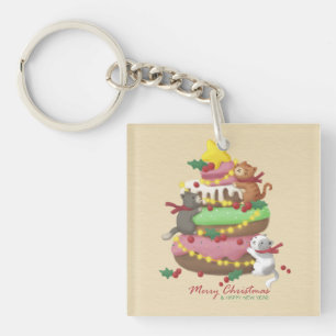 Llavero Feliz Navidad: Ilustracion de gatos y dulces