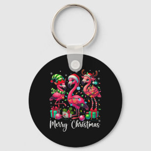 Llavero Feliz Navidad Luces Flamingo Santa Hat Nieve Xma