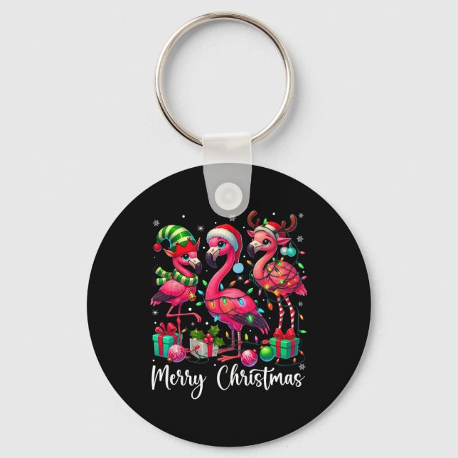 Llavero Feliz Navidad Luces Flamingo Santa Hat Nieve Xma (Anverso)