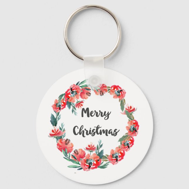 Llavero Feliz Navidad Rojo Floral Agua Wreath (Anverso)