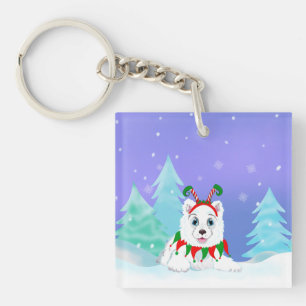 Llavero Feliz Navidad Samoyed con Diadema de Duende