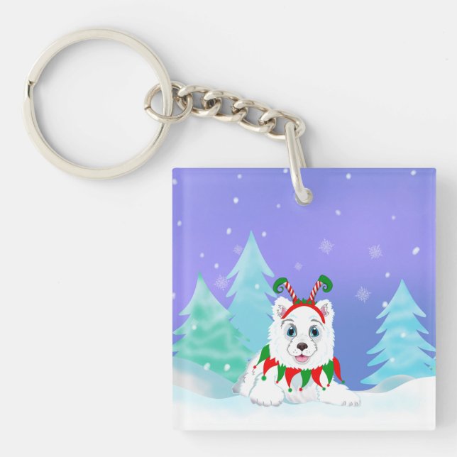Llavero Feliz Navidad Samoyed con Diadema de Duende (Frente)