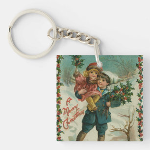 Llavero Feliz Navidad - tarjeta postal retro, niños, acebo