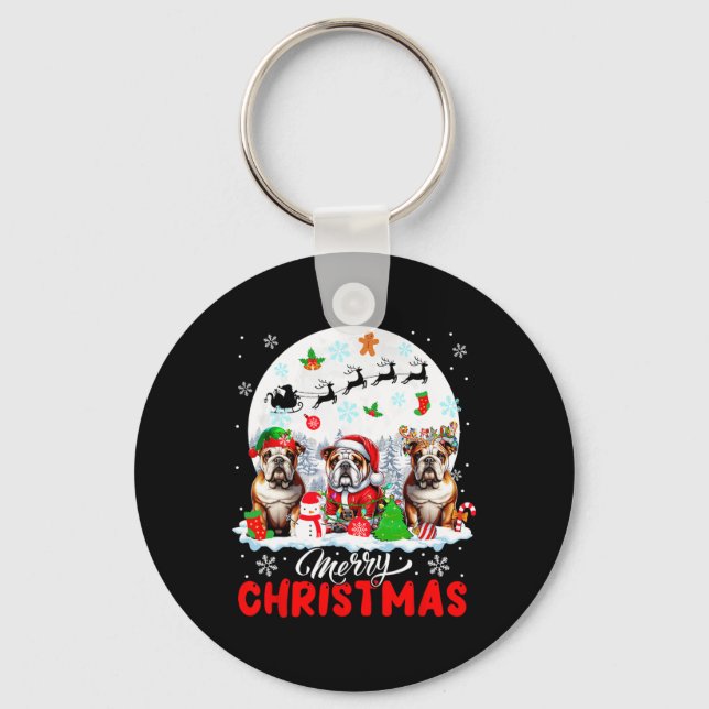 Llavero Feliz Navidad Tres Bulldoges de renos de Santa Elf (Anverso)