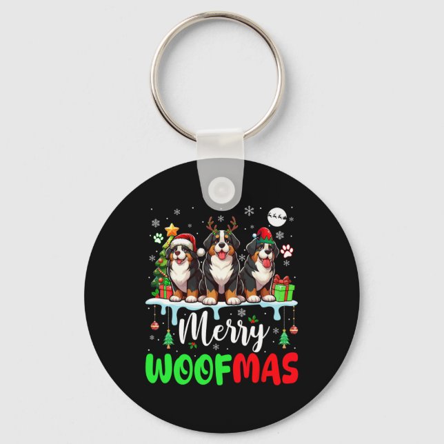 Llavero Feliz Navidad Woof Three Santa Reindeer Bernese (Anverso)