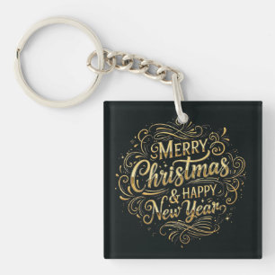 Llavero Feliz Navidad y Feliz Año Nuevo en negro y oro