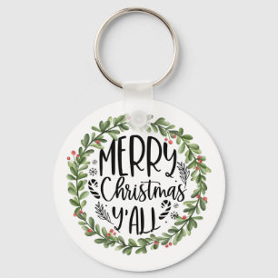 Llavero Feliz Navidad Y'all Watercolor Wreath