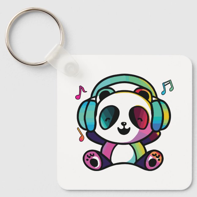 Llavero Feliz Panda con auriculares escuchando música. (Anverso)