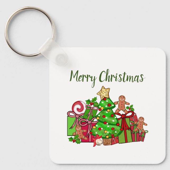 Llavero Feliz Regalos de Navidad Alrededor Del Árbol (Anverso)