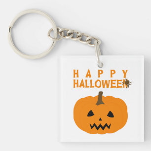 Llavero Feliz texto de Halloween y calabaza en cadena blan