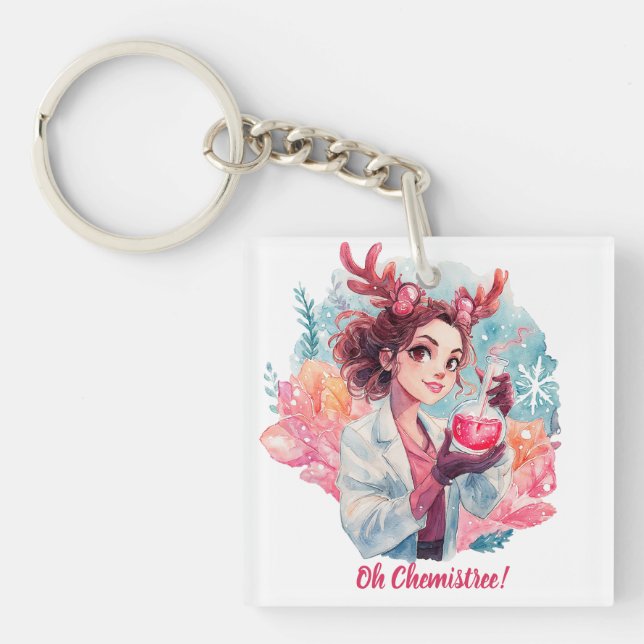 Llavero Festive Chemist Girl Watercolor Science Art (Frente)