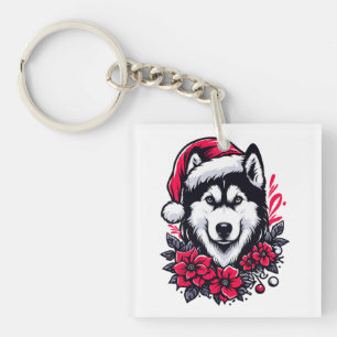 Llavero Festividad floral Husky Dog con Santa Hat Xmas cac
