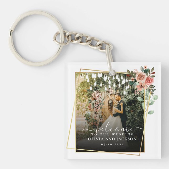 Llavero Fiesta de bienvenida boda del marco dorado con flo (Frente)