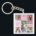 Llavero Fiesta de cumpleaños de la Personalizado de Collag<br><div class="desc">Cadena de claves de la fiesta de cumpleaños de las personalizados bonitos con un collage de 6 plantillas de fotos de una joven o chica adolescente con su nombre en las lindas plazas rosas junto a una hermosa torta de cumpleaños. Regalo de cumpleaños feliz a las niñas.</div>