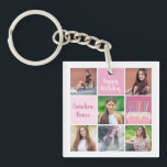 Llavero Fiesta de cumpleaños de la Personalizado de Collag<br><div class="desc">Cadena de claves de la fiesta de cumpleaños de las personalizados bonitos con un collage de 6 plantillas de fotos de una joven o chica adolescente con su nombre en las lindas plazas rosas junto a una hermosa torta de cumpleaños. Regalo de cumpleaños feliz a las niñas.</div>