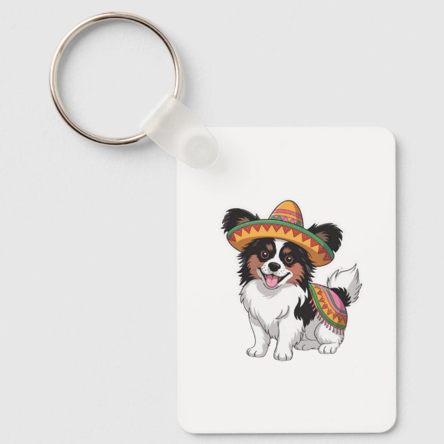 Llavero Fiesta Papillon Dog con Sombrero y Sarape (Anverso)