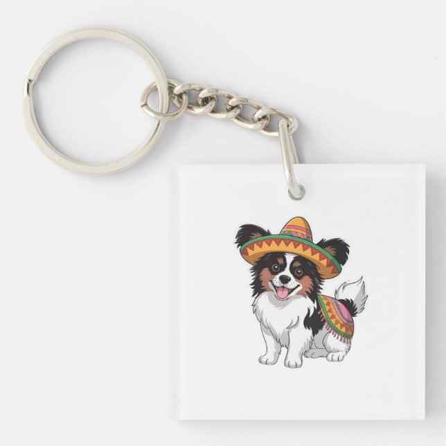 Llavero Fiesta Papillon Dog con Sombrero y Sarape (Frente)