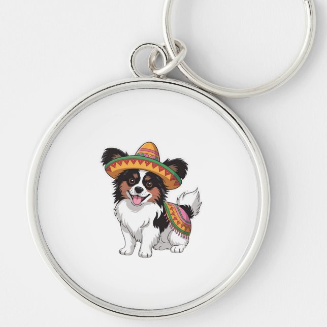 Llavero Fiesta Papillon Dog con Sombrero y Sarape (Frente)