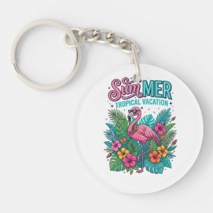 Llavero Flamenco Rosa Floral Tropical - vacaciones de vera