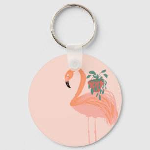 Llavero Flamenco Tropical con Planta en Maceta Dibujado a 