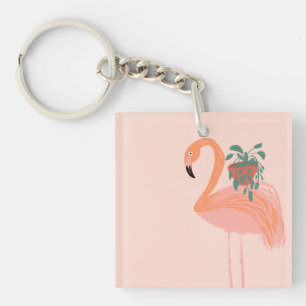 Llavero Flamenco Tropical con Planta en Maceta Dibujado a 