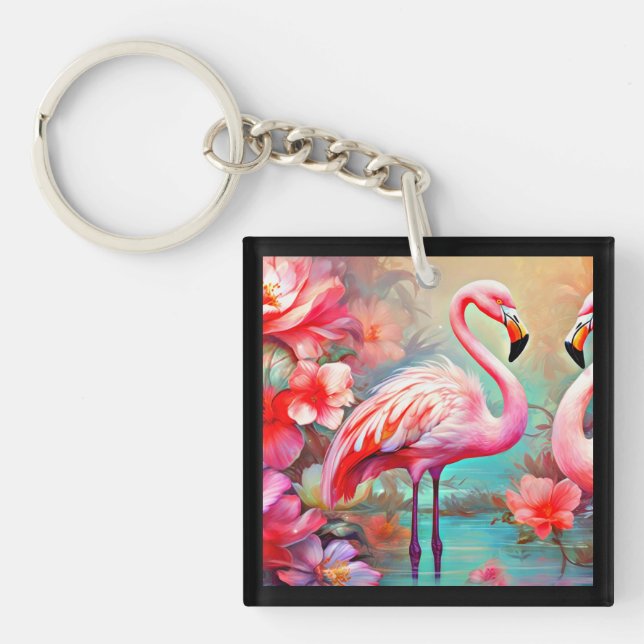 Llavero Flamencos rosas en un lago con flores-20231 (Frente)