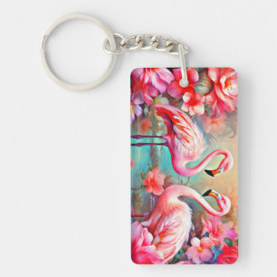 Llavero Flamencos rosas en un lago con flores-20231