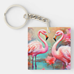 Llavero Flamencos rosas en un lago con flores-20231