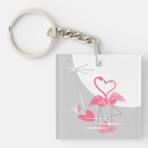 Llavero Flamingo Love Large Moon keychain acrílico cuadrad