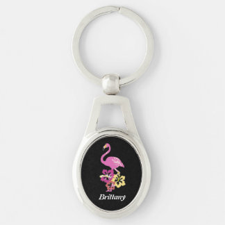Llavero Flamingo Rosa Con Flores Hibiscus Keychain Metaliz