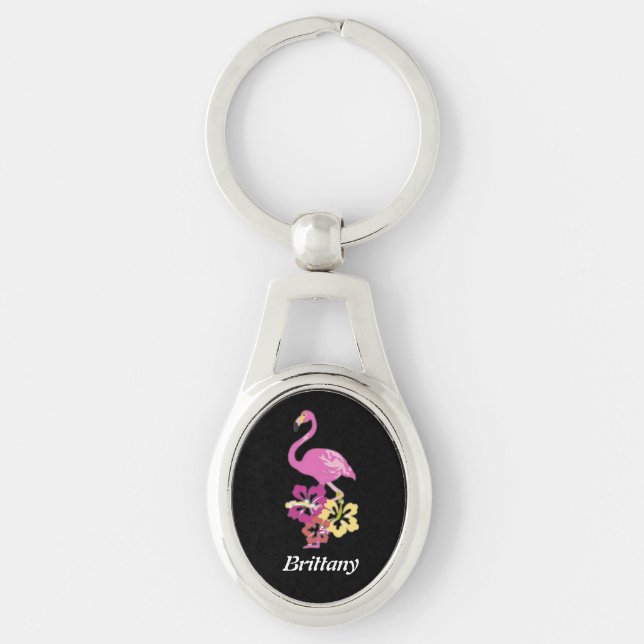 Llavero Flamingo Rosa Con Flores Hibiscus Keychain Metaliz (Anverso)