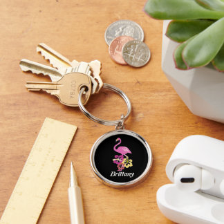 Llavero Flamingo Rosa Con Keychain De Flores Hibicus