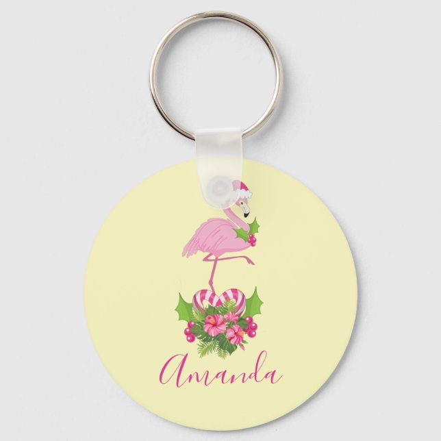 Llavero Flamingo rosa en Santa Hat Navidades caprichosos (Anverso)