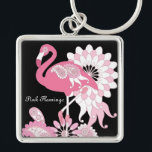 Llavero Flamingo rosa negro moderno personalizado<br><div class="desc">El diseño del producto presenta un flamingo con patrones de paisajes caleidoscópicos en tonos rosas. Este ilustracion de aves tropicales con texto personalizado hace una cadena de claves moderna y única.</div>