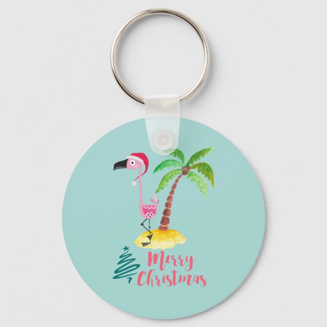Llavero Flamingo Rosado En Un Sombrero De Papá Noel (Anverso)