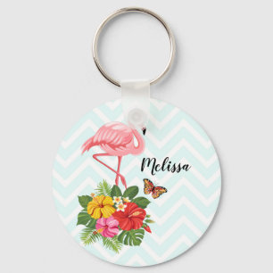 Llavero Flamingo rosado y flamante tropical hibiscus
